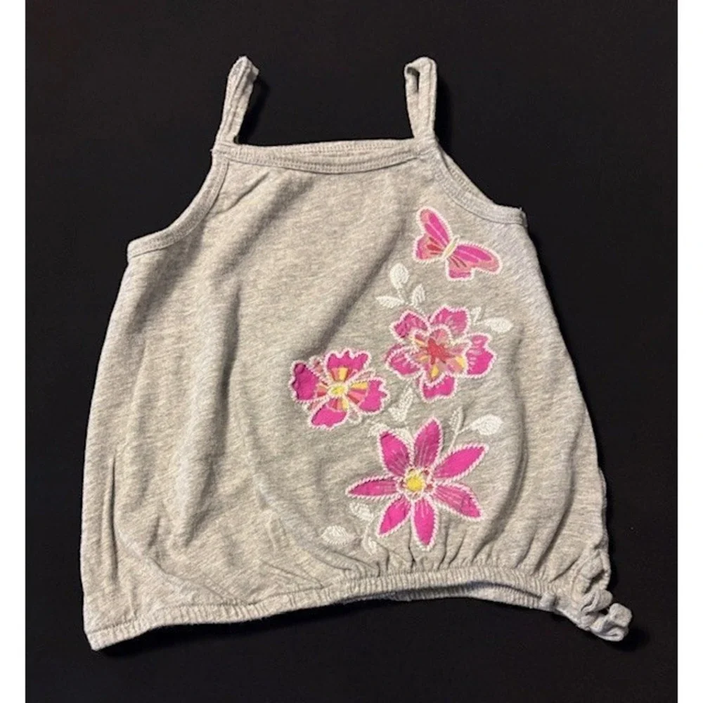 Old Navy size 2T gray tank with pink flowers/butterfly embroidered edges